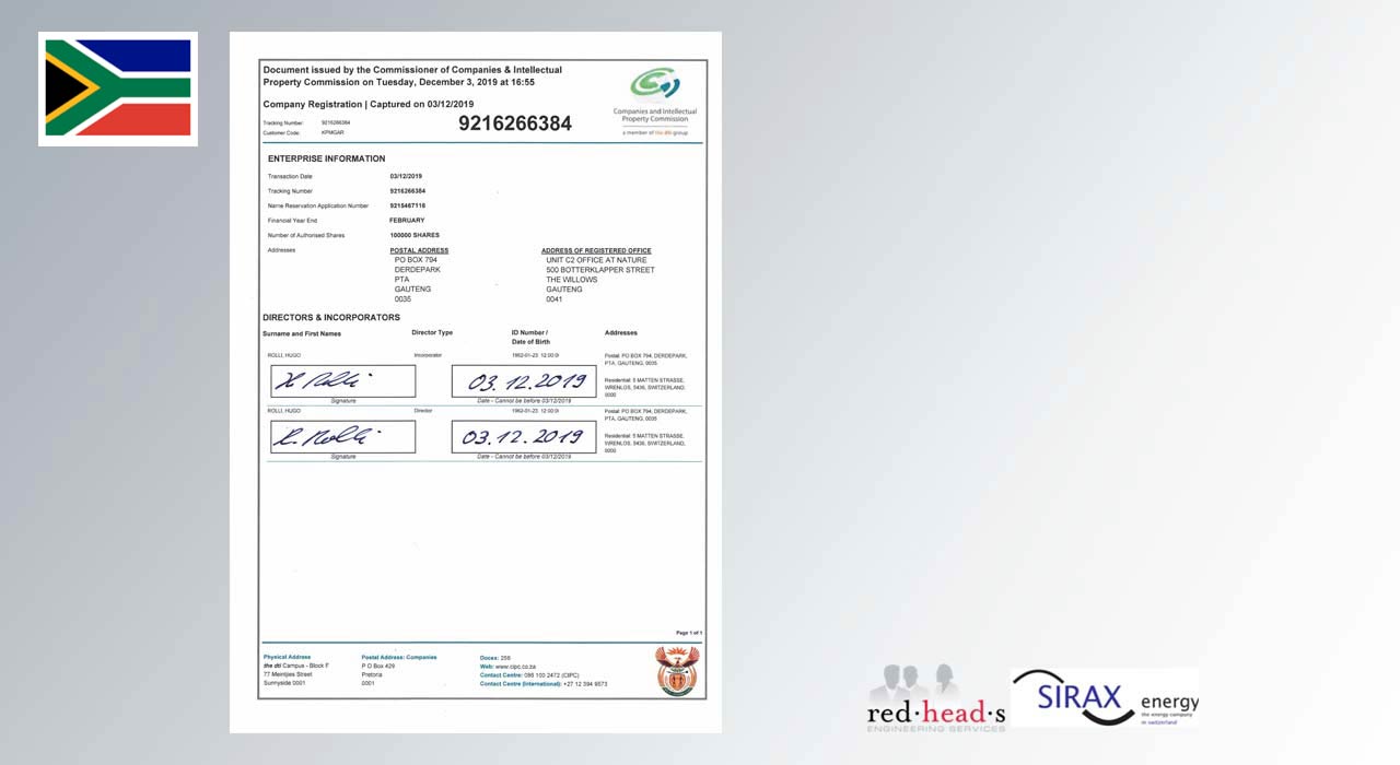 Sirax-energy Ltd. South Africa founded